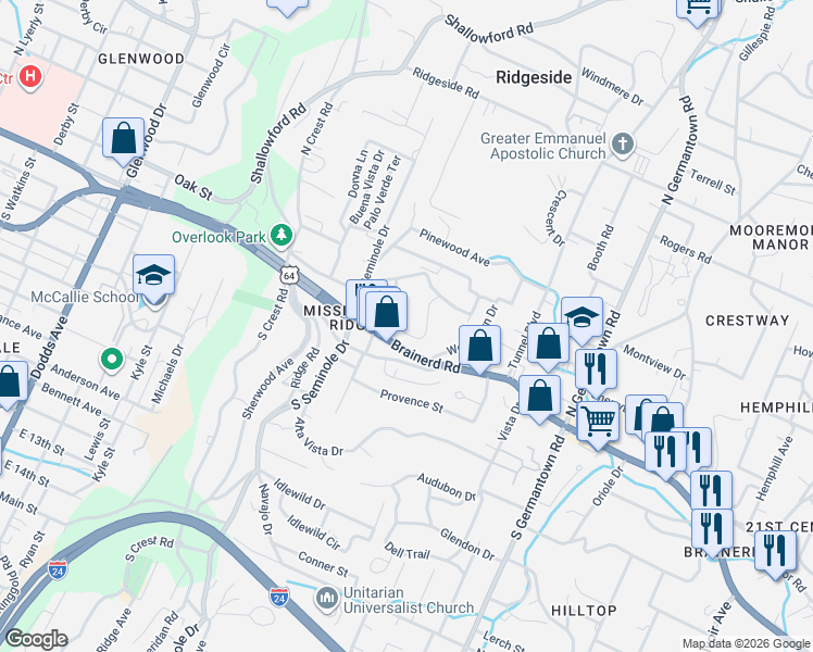 map of restaurants, bars, coffee shops, grocery stores, and more near 3327 Crestone Circle in Chattanooga