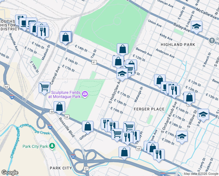 map of restaurants, bars, coffee shops, grocery stores, and more near 1601 South Holtzclaw Avenue in Chattanooga