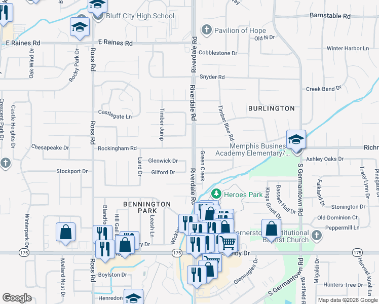 map of restaurants, bars, coffee shops, grocery stores, and more near 6934 Rockingham Road in Memphis