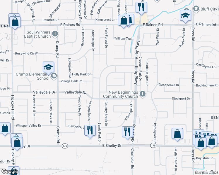 map of restaurants, bars, coffee shops, grocery stores, and more near 6356 Wood Park Drive in Memphis