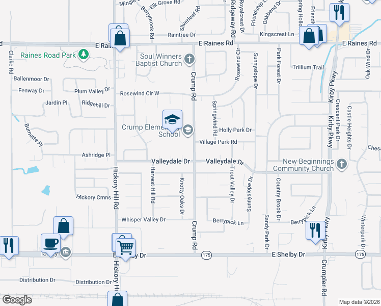 map of restaurants, bars, coffee shops, grocery stores, and more near 4405 Crump Road in Memphis
