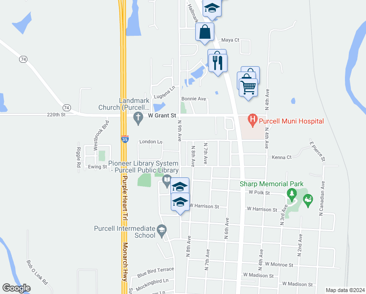 map of restaurants, bars, coffee shops, grocery stores, and more near 1200 North 9th Avenue in Purcell