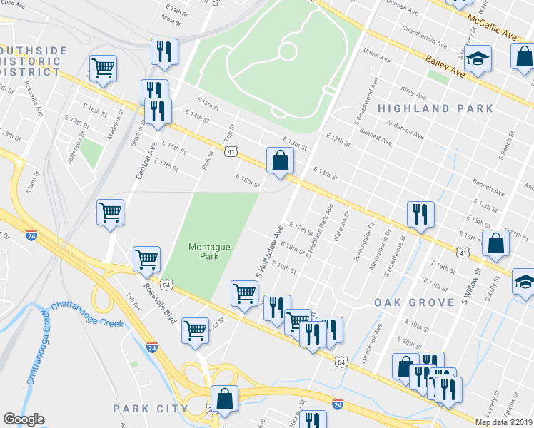map of restaurants, bars, coffee shops, grocery stores, and more near 1601 South Holtzclaw Avenue in Chattanooga