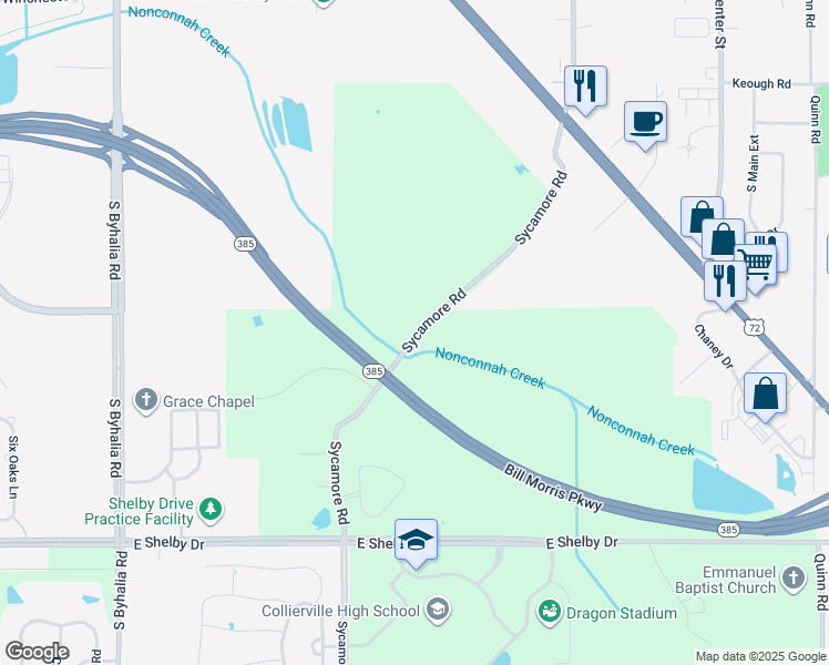 map of restaurants, bars, coffee shops, grocery stores, and more near 635 Sycamore Road in Collierville