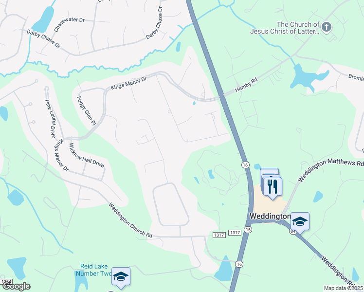 map of restaurants, bars, coffee shops, grocery stores, and more near 4054 Blossom Hill Drive in Weddington