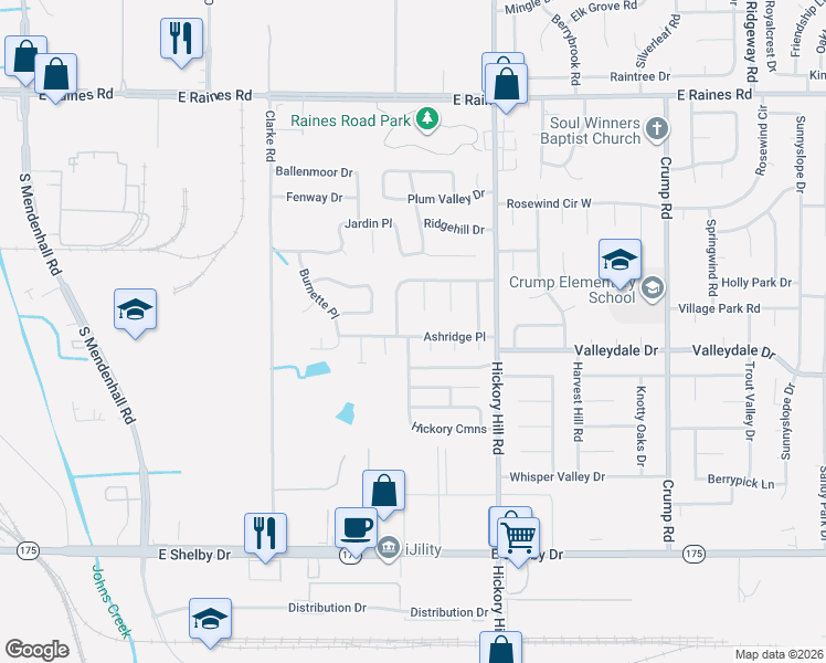 map of restaurants, bars, coffee shops, grocery stores, and more near 4409 Sunny Morning Cove in Memphis