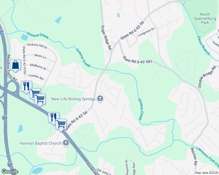 map of restaurants, bars, coffee shops, grocery stores, and more near 621 Ivywood Place in Boiling Springs
