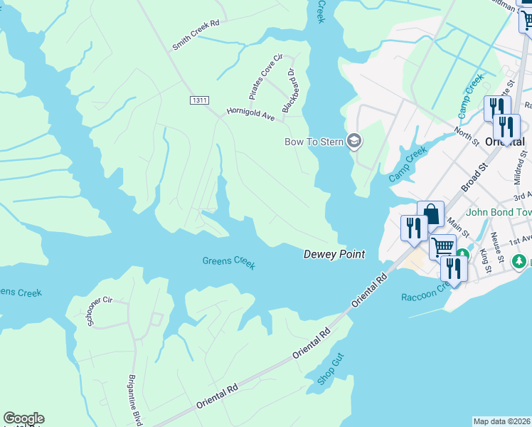 map of restaurants, bars, coffee shops, grocery stores, and more near 8031 Treasure Drive in Oriental
