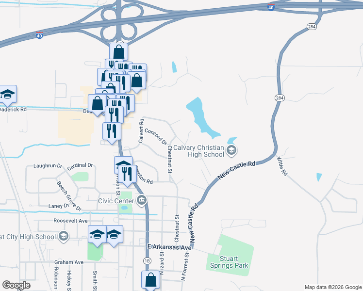 map of restaurants, bars, coffee shops, grocery stores, and more near 713 Calvert Road in Forrest City
