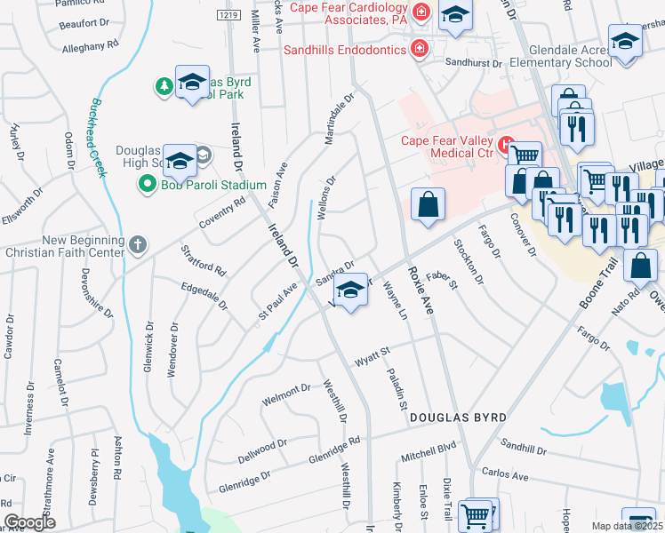map of restaurants, bars, coffee shops, grocery stores, and more near 1741 Wellons Drive in Fayetteville
