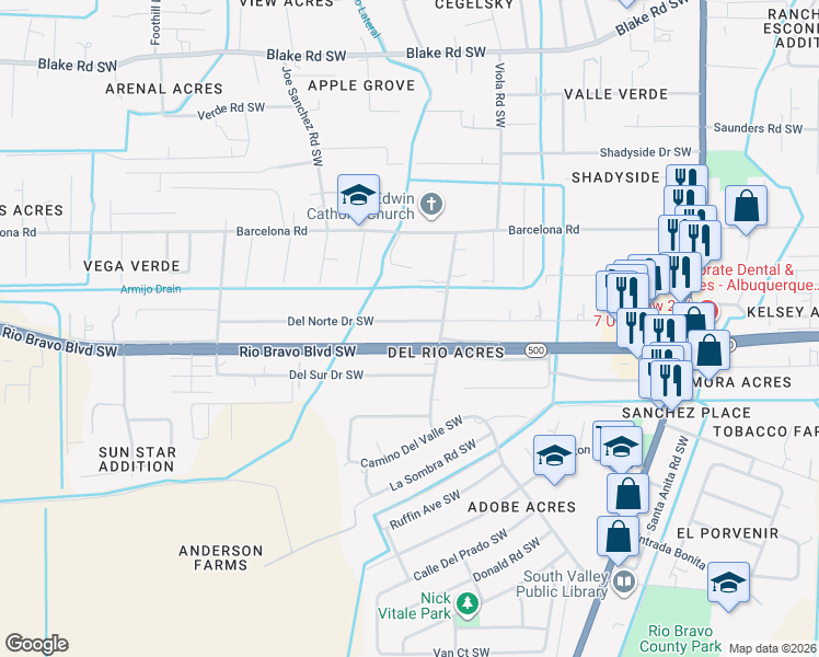 map of restaurants, bars, coffee shops, grocery stores, and more near 2430 Del Norte Drive Southwest in Albuquerque