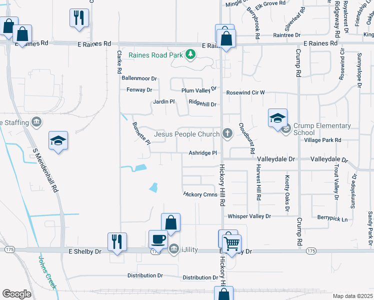 map of restaurants, bars, coffee shops, grocery stores, and more near 4409 Sunny Morning Cove in Memphis