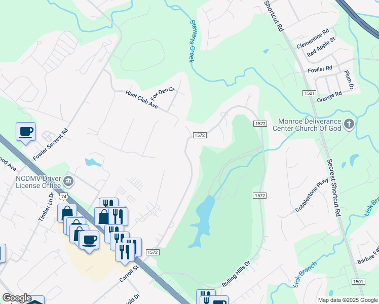 map of restaurants, bars, coffee shops, grocery stores, and more near 2632 Rolling Hills Drive in Monroe