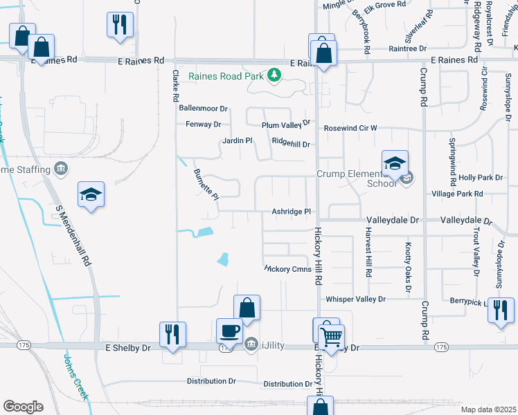 map of restaurants, bars, coffee shops, grocery stores, and more near 5802 Ashridge Place in Memphis