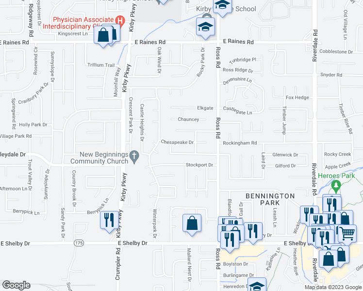 map of restaurants, bars, coffee shops, grocery stores, and more near 6603 Chesapeake Drive in Memphis