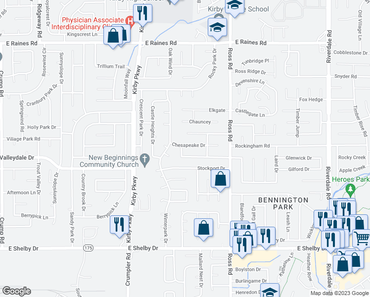 map of restaurants, bars, coffee shops, grocery stores, and more near 6581 Chesapeake Drive in Memphis
