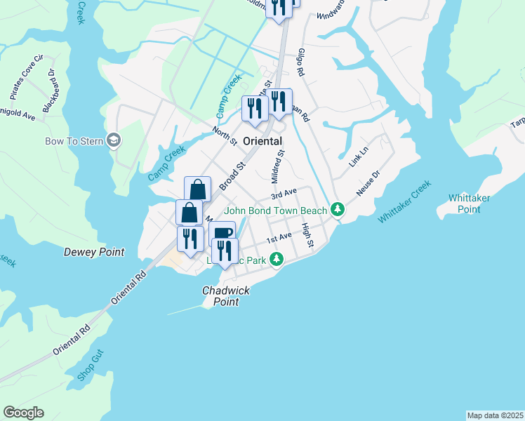 map of restaurants, bars, coffee shops, grocery stores, and more near 407 Freemason Street in Oriental