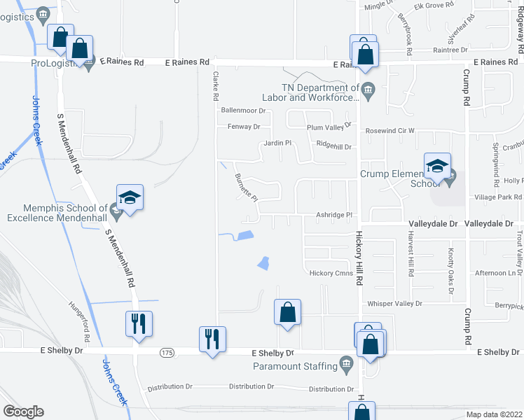 map of restaurants, bars, coffee shops, grocery stores, and more near 5738 Ashridge Place in Memphis