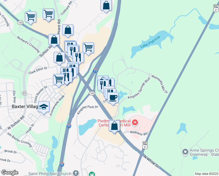 map of restaurants, bars, coffee shops, grocery stores, and more near 1562 Millspring Drive in Fort Mill