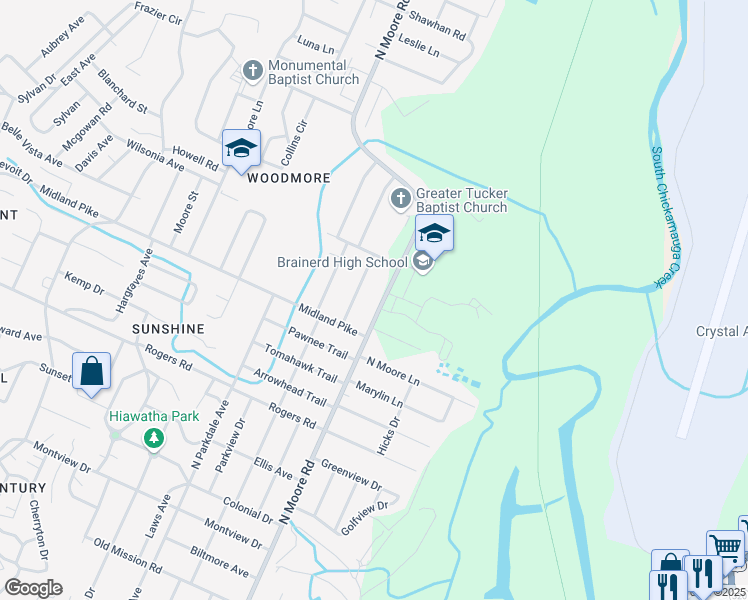 map of restaurants, bars, coffee shops, grocery stores, and more near 1018 North Larchmont Avenue in Chattanooga