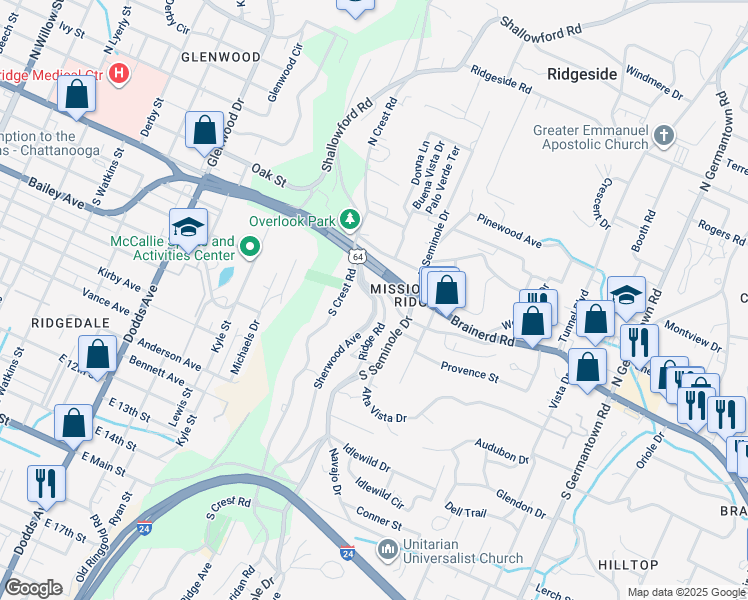 map of restaurants, bars, coffee shops, grocery stores, and more near 101 Sherwood Avenue in Chattanooga
