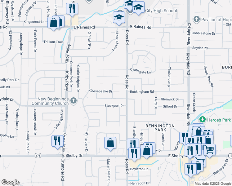 map of restaurants, bars, coffee shops, grocery stores, and more near 6664 Chesapeake Drive in Memphis