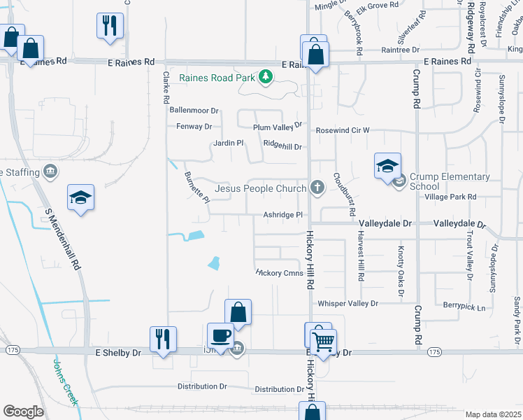 map of restaurants, bars, coffee shops, grocery stores, and more near 4409 Sunny Morning Cove in Memphis
