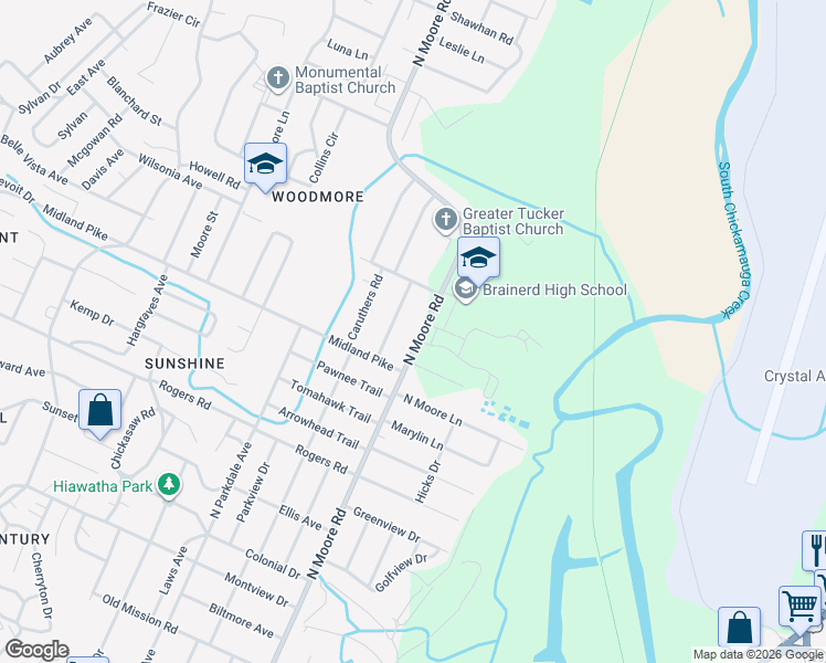 map of restaurants, bars, coffee shops, grocery stores, and more near 1013 North Moore Road in Chattanooga