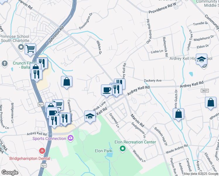 map of restaurants, bars, coffee shops, grocery stores, and more near 9821 Longstone Lane in Charlotte