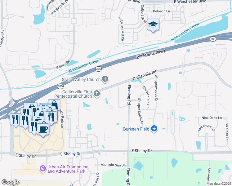 map of restaurants, bars, coffee shops, grocery stores, and more near 4415 Chestnut Hill Drive in Collierville