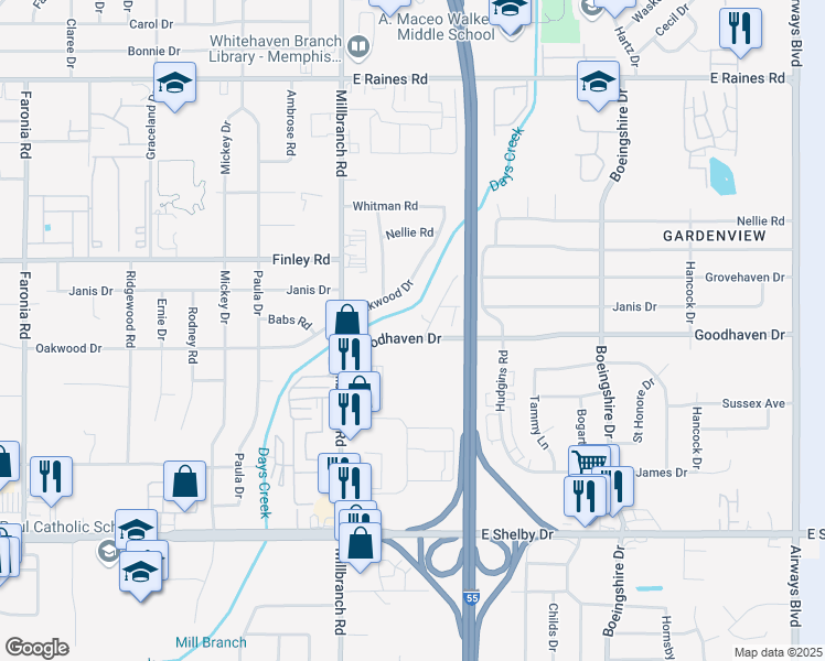 map of restaurants, bars, coffee shops, grocery stores, and more near 1776 Goodhaven Drive in Memphis