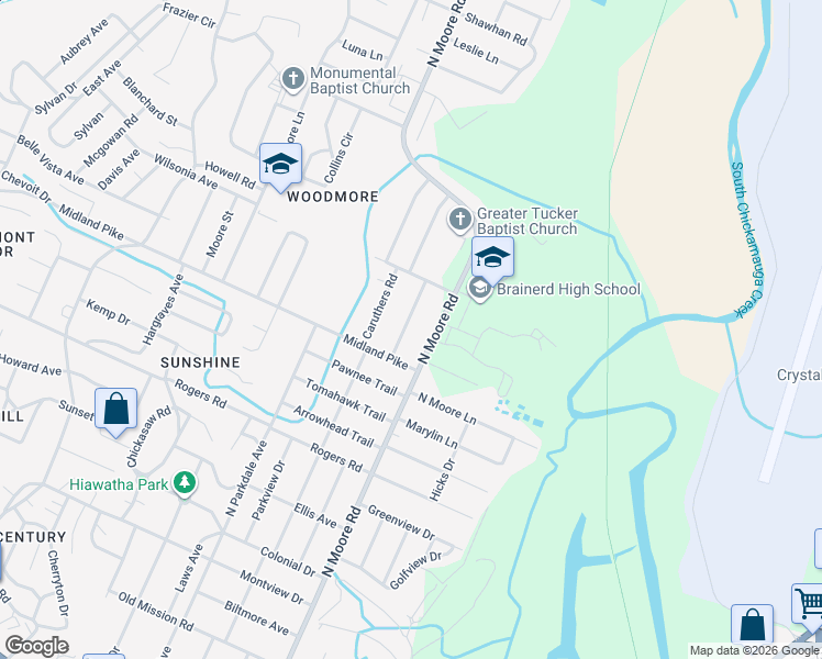 map of restaurants, bars, coffee shops, grocery stores, and more near 1018 North Larchmont Avenue in Chattanooga