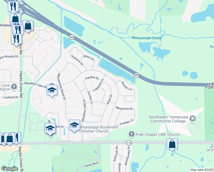 map of restaurants, bars, coffee shops, grocery stores, and more near 4424 Alixs Drive in Memphis