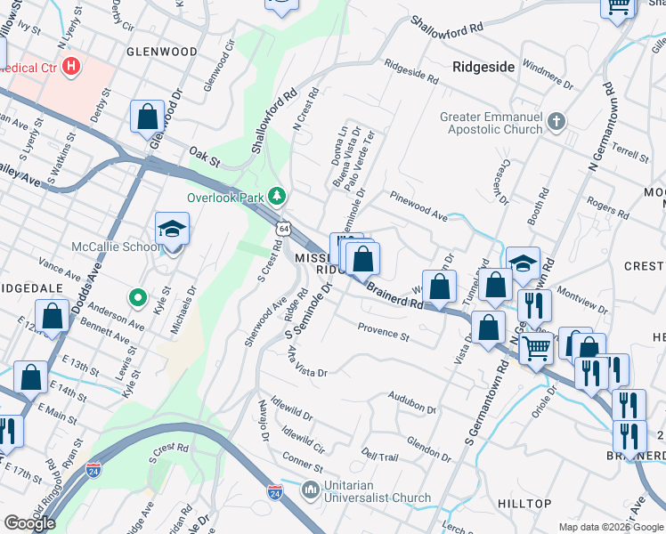 map of restaurants, bars, coffee shops, grocery stores, and more near 8 South Seminole Drive in Chattanooga