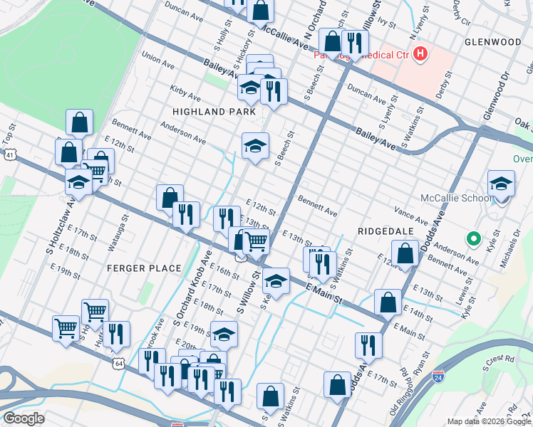 map of restaurants, bars, coffee shops, grocery stores, and more near 2011 East 12th Street in Chattanooga