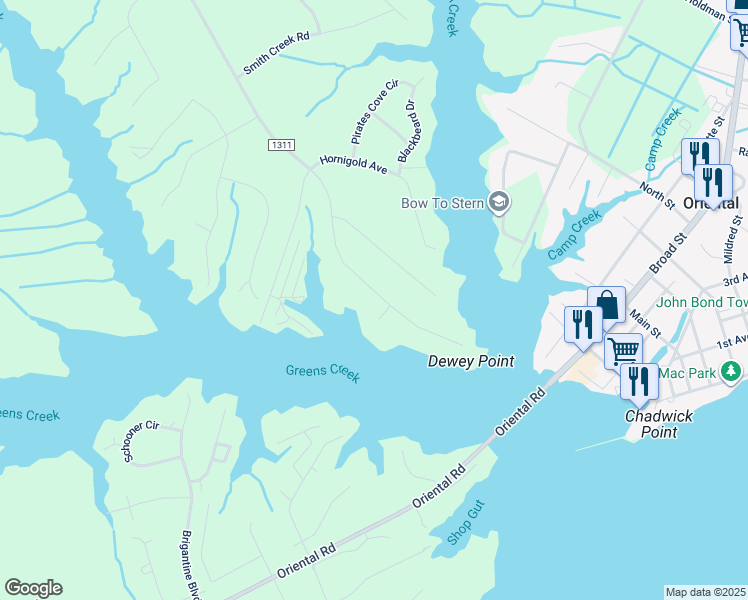 map of restaurants, bars, coffee shops, grocery stores, and more near 8034 Treasure Drive in Oriental
