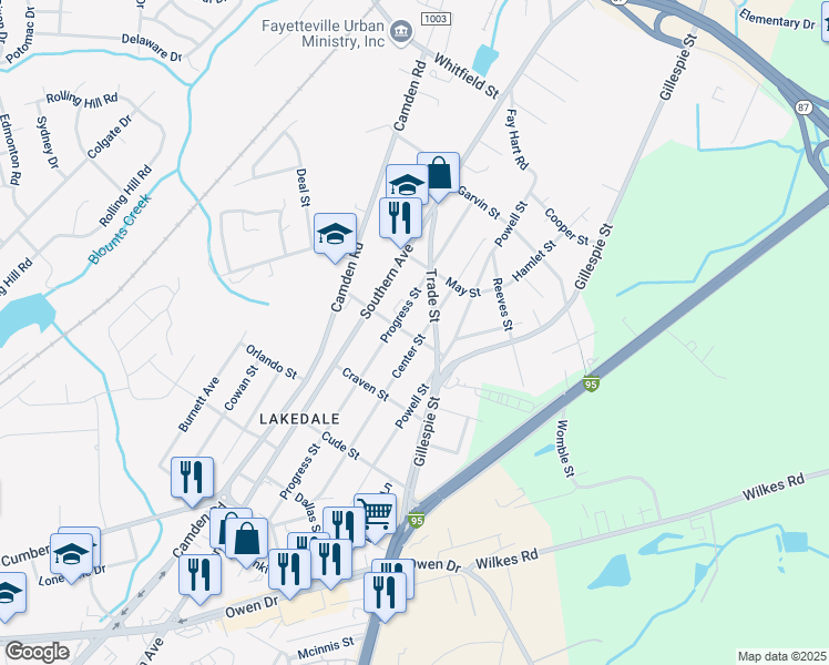 map of restaurants, bars, coffee shops, grocery stores, and more near 1082 Center Street in Fayetteville