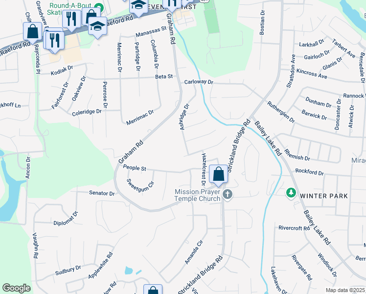 map of restaurants, bars, coffee shops, grocery stores, and more near 2108 Ashridge Drive in Fayetteville