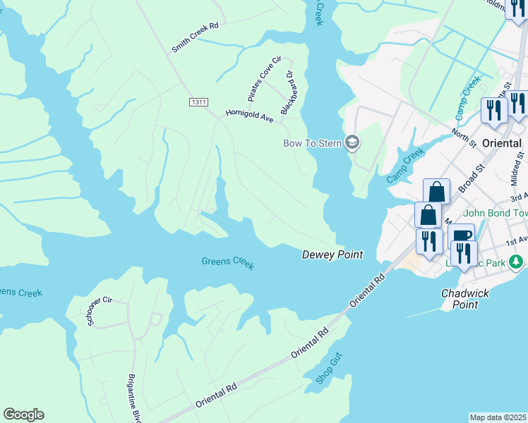 map of restaurants, bars, coffee shops, grocery stores, and more near 8034 Treasure Drive in Oriental