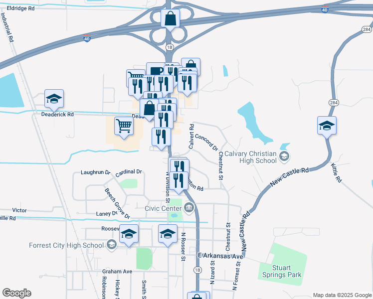 map of restaurants, bars, coffee shops, grocery stores, and more near 320 Calvert Road in Forrest City