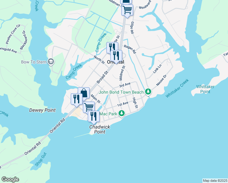 map of restaurants, bars, coffee shops, grocery stores, and more near 407 Freemason Street in Oriental