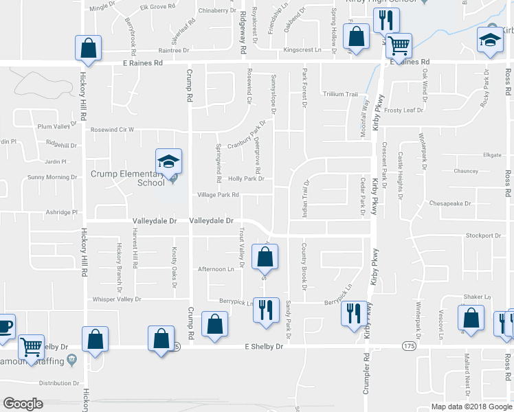 map of restaurants, bars, coffee shops, grocery stores, and more near 4465 Valley Cove in Memphis