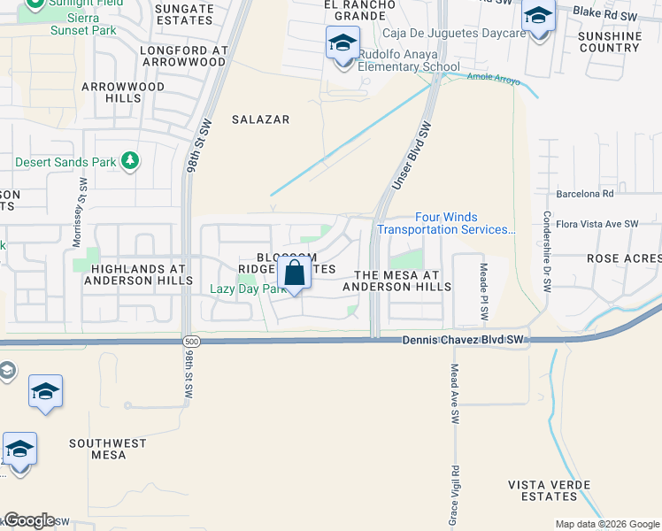 map of restaurants, bars, coffee shops, grocery stores, and more near 9019 Indigo Sky Tr Southwest in Albuquerque