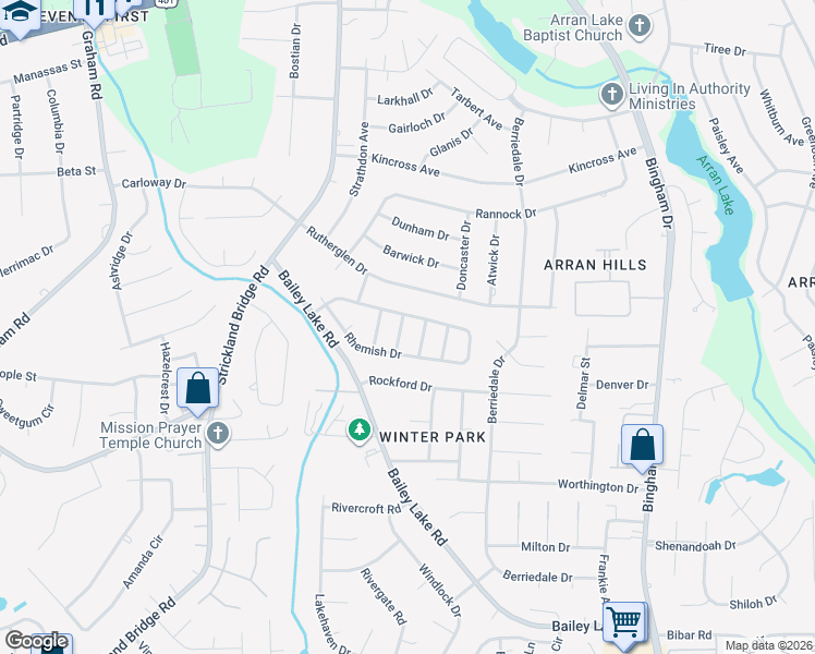map of restaurants, bars, coffee shops, grocery stores, and more near 6225 Rhemish Drive in Fayetteville