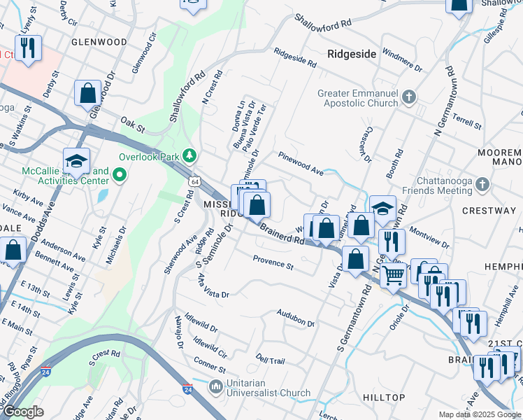 map of restaurants, bars, coffee shops, grocery stores, and more near 3327 Crestone Circle in Chattanooga