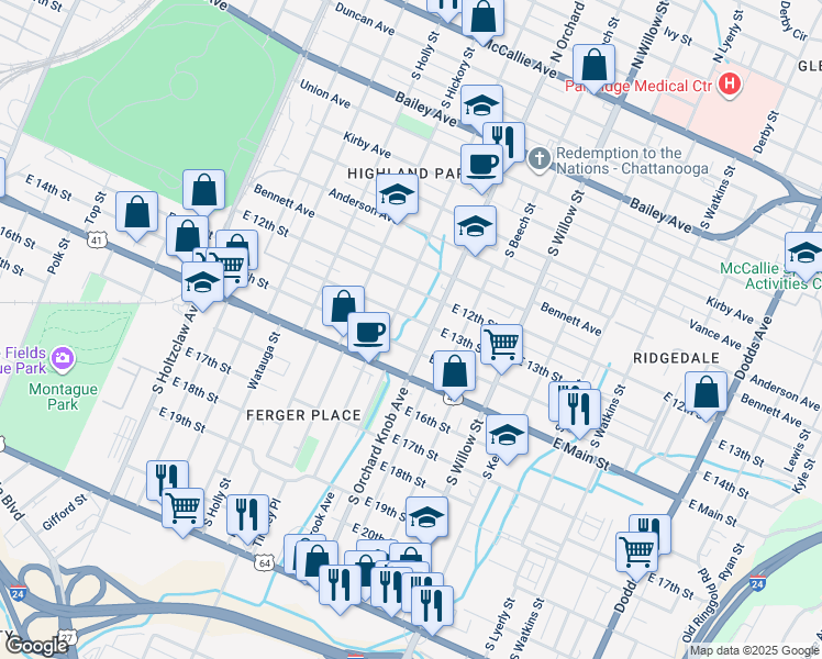 map of restaurants, bars, coffee shops, grocery stores, and more near 1819 East 13th Street in Chattanooga