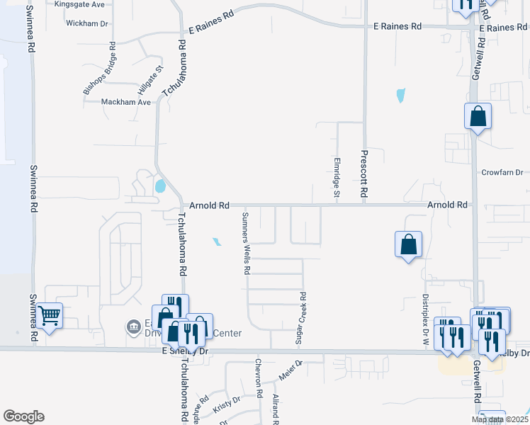map of restaurants, bars, coffee shops, grocery stores, and more near 3451 Arnold Road in Memphis