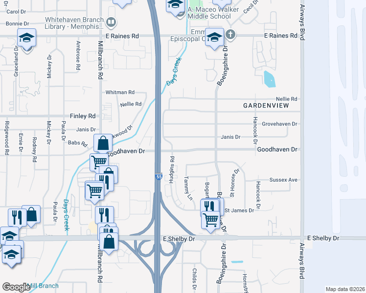 map of restaurants, bars, coffee shops, grocery stores, and more near 1915 Janis Drive in Memphis
