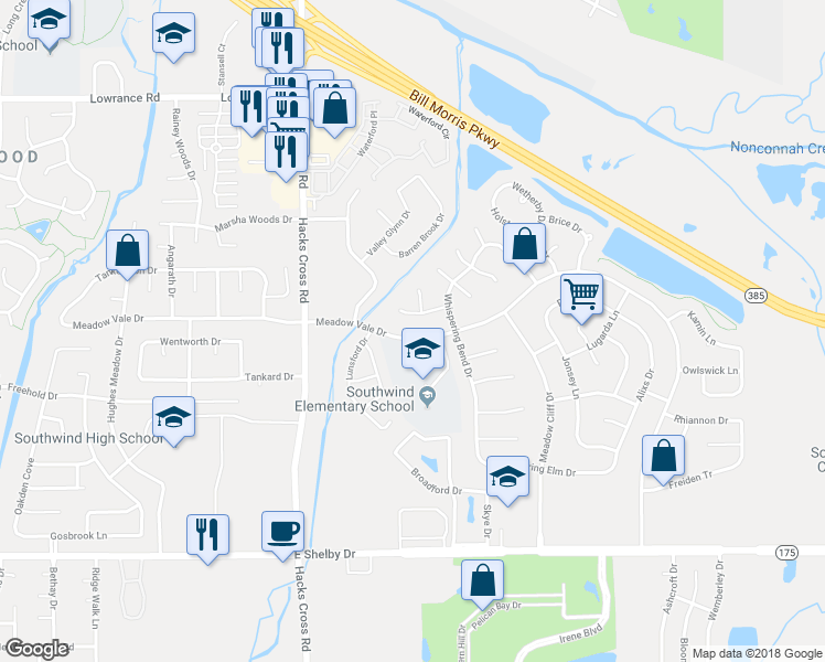 map of restaurants, bars, coffee shops, grocery stores, and more near 8152 Meadow Vale Drive in Memphis