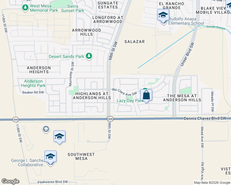 map of restaurants, bars, coffee shops, grocery stores, and more near 99999 Rio Clara Avenue Southwest in Albuquerque